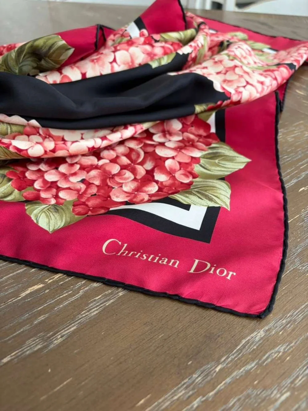 Dior Silk Scarf Red Black Floral Hand Rolled